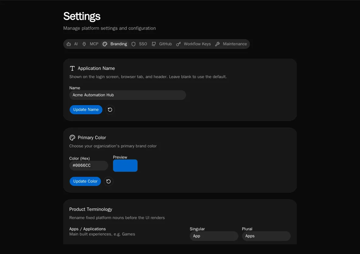 Branding settings: primary color, terminology, and logo upload