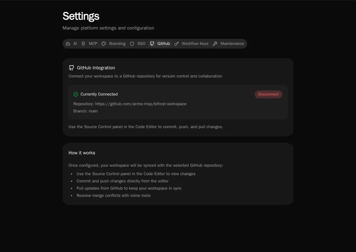 Connected GitHub integration showing the linked repository and branch