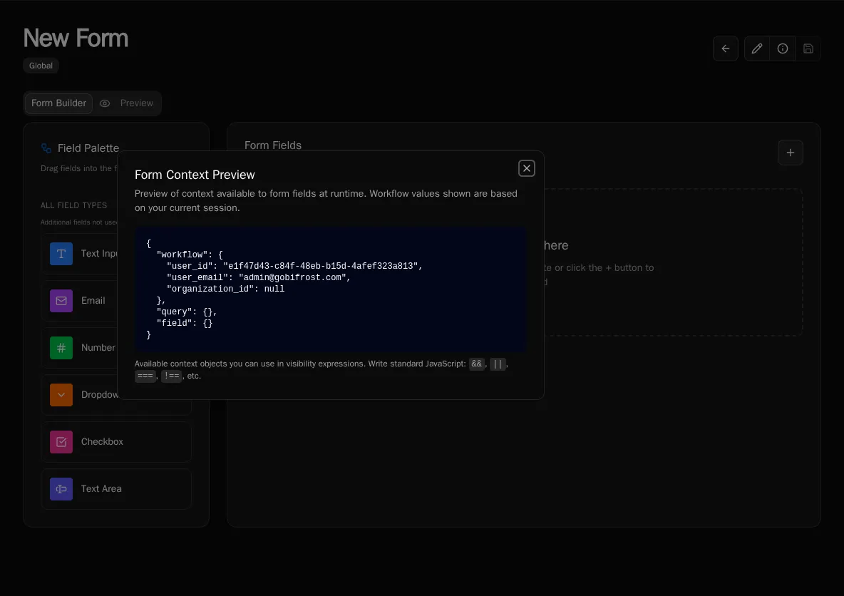 Form builder with context inspector open