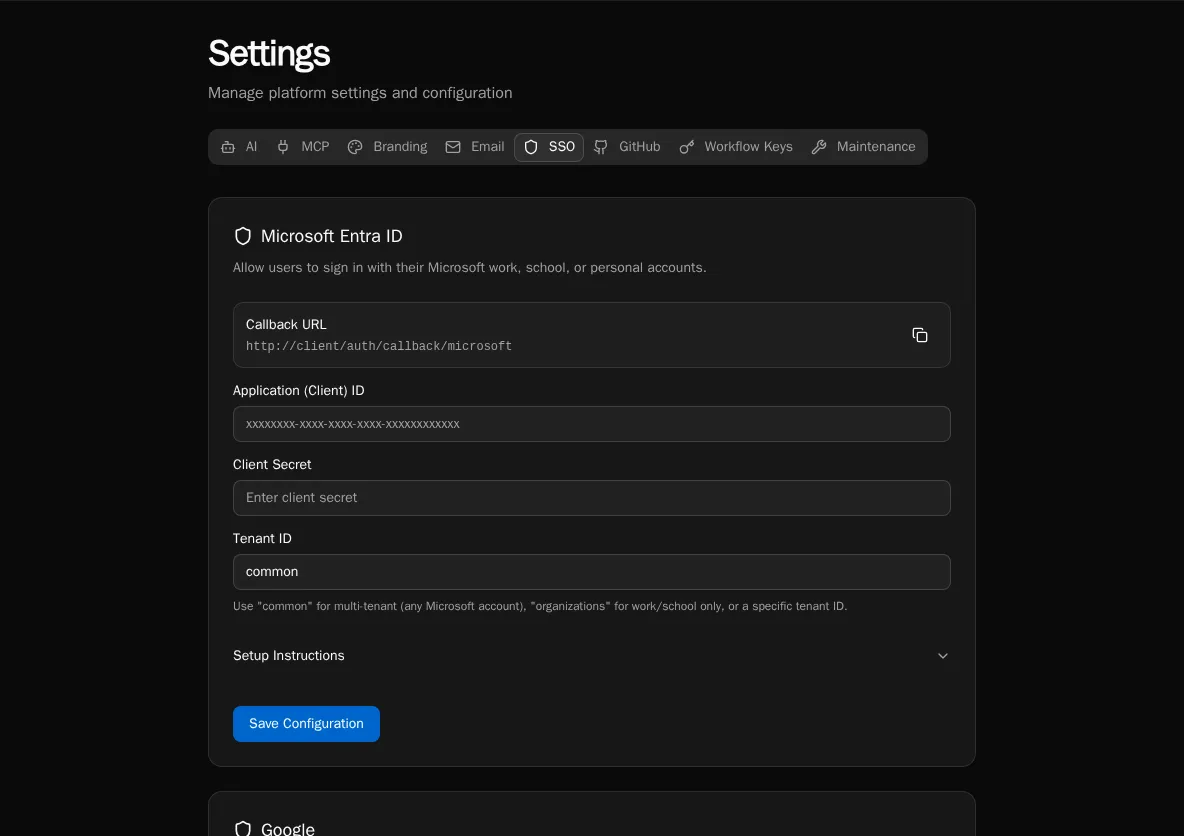Settings SSO Landing
