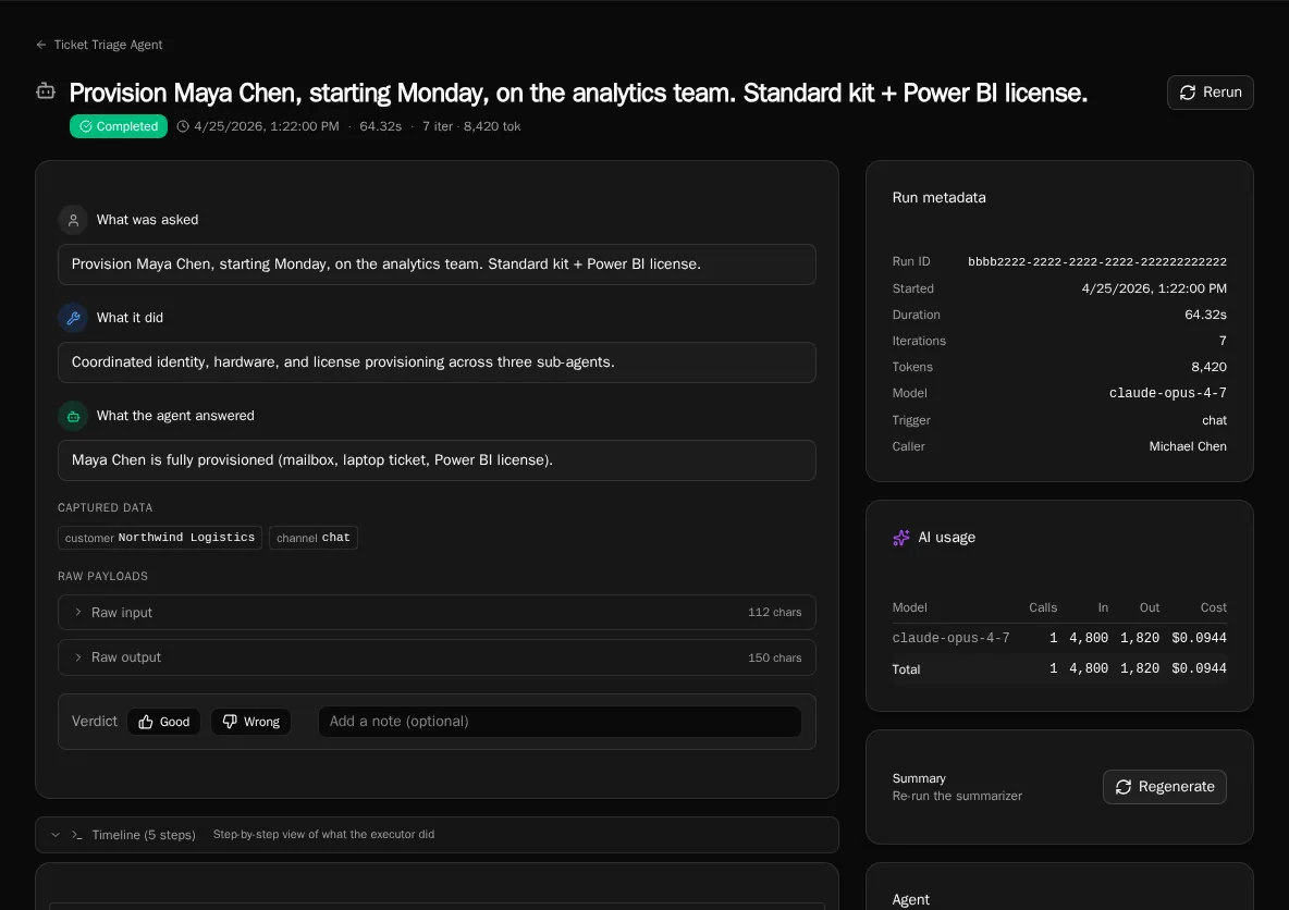 Agent run detail with delegated child runs