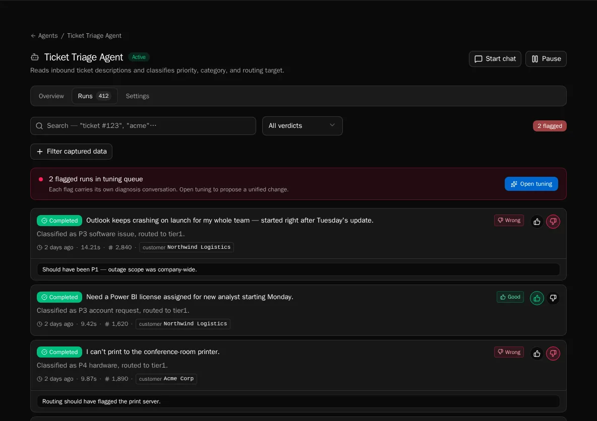Agent runs tab with filters