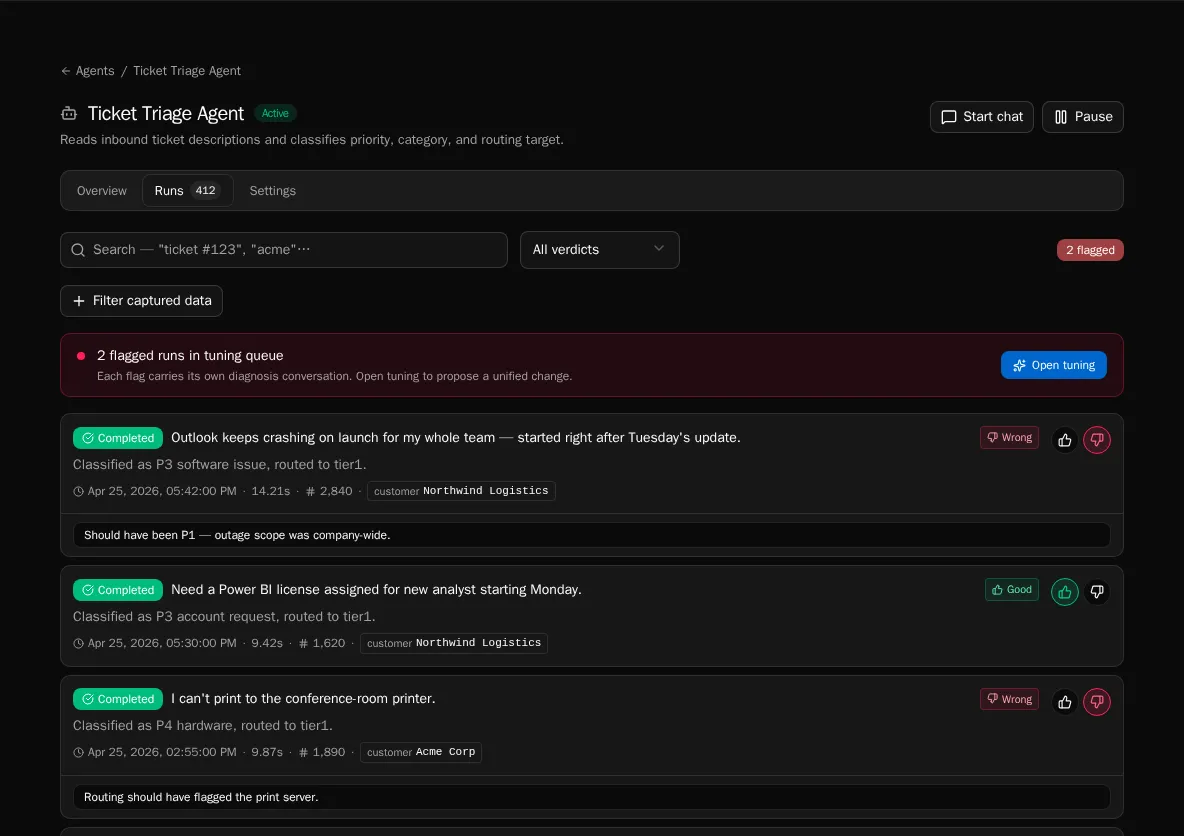 Agent runs tab with filters