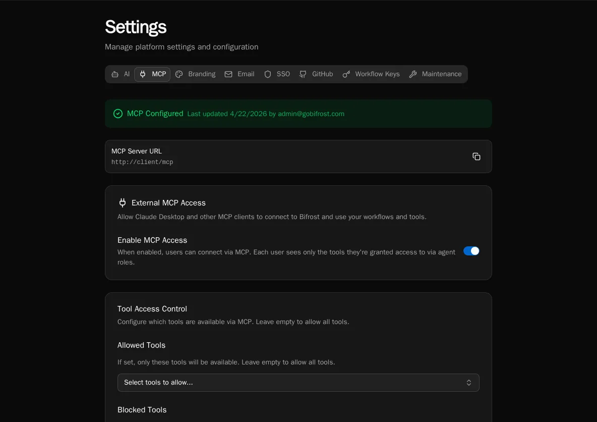 MCP settings page