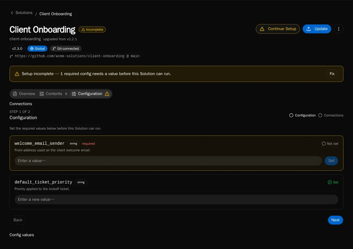The Setup wizard on a solution install's Configuration tab, pairing each required connection and config declaration with its satisfied or unmet status.