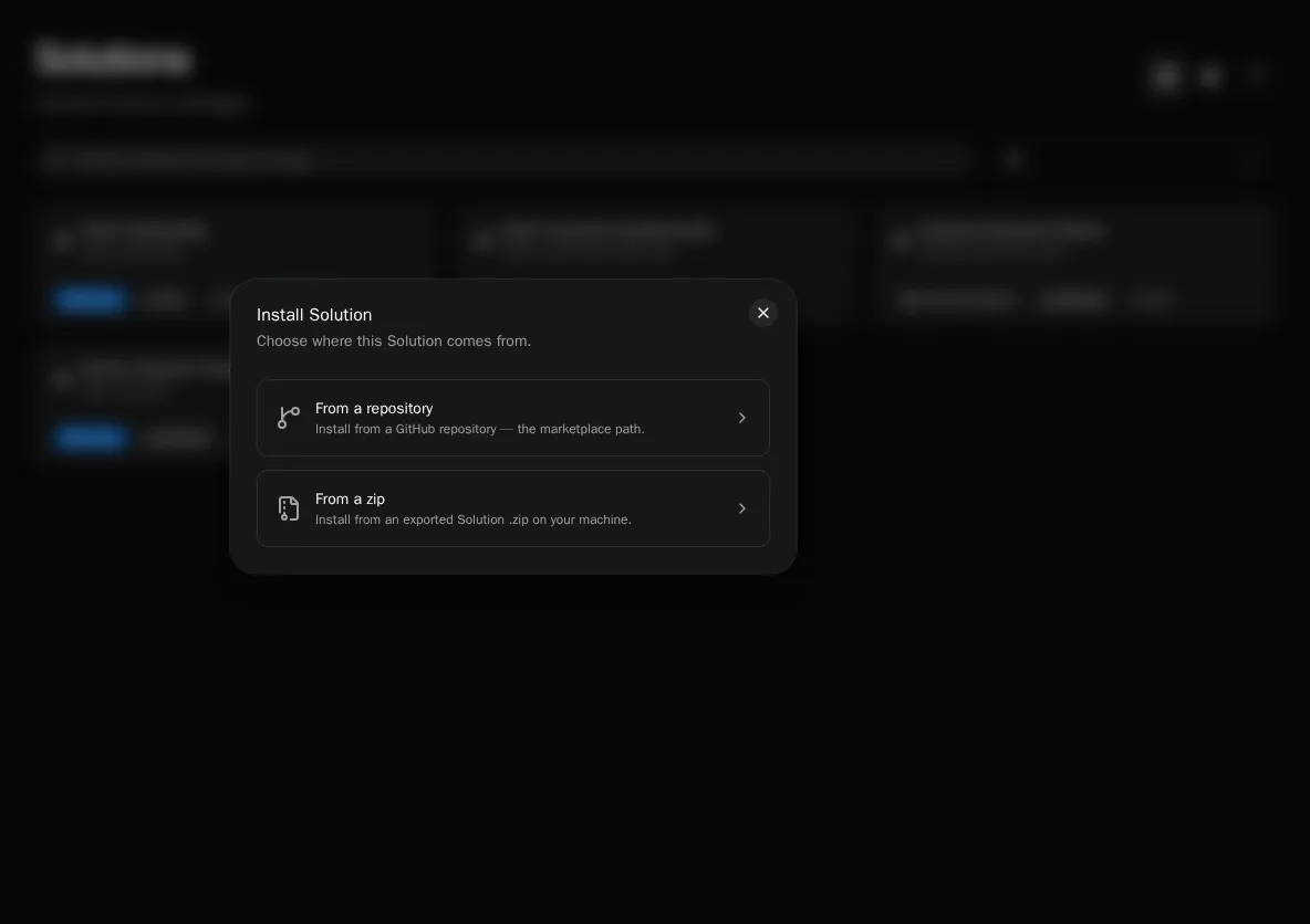 The install source picker — install from a zip or a GitHub repo