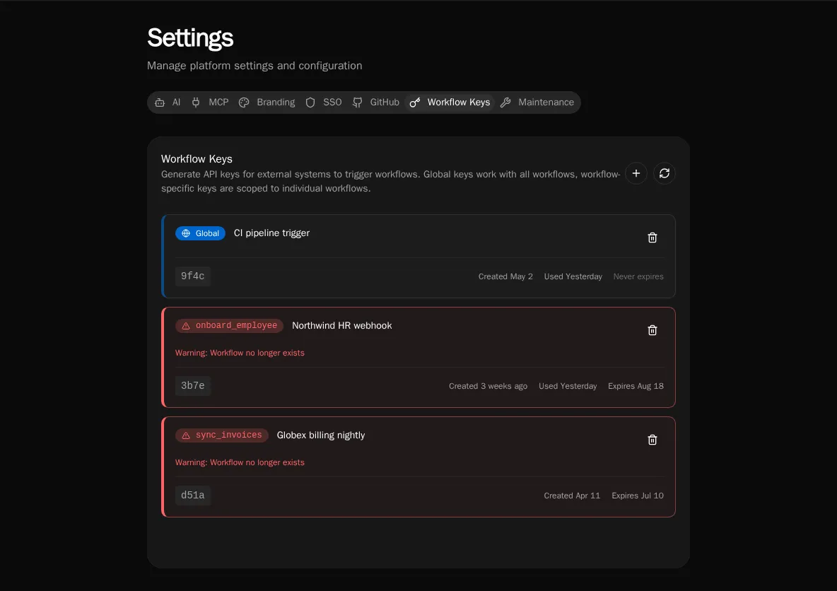 Workflow Keys settings page
